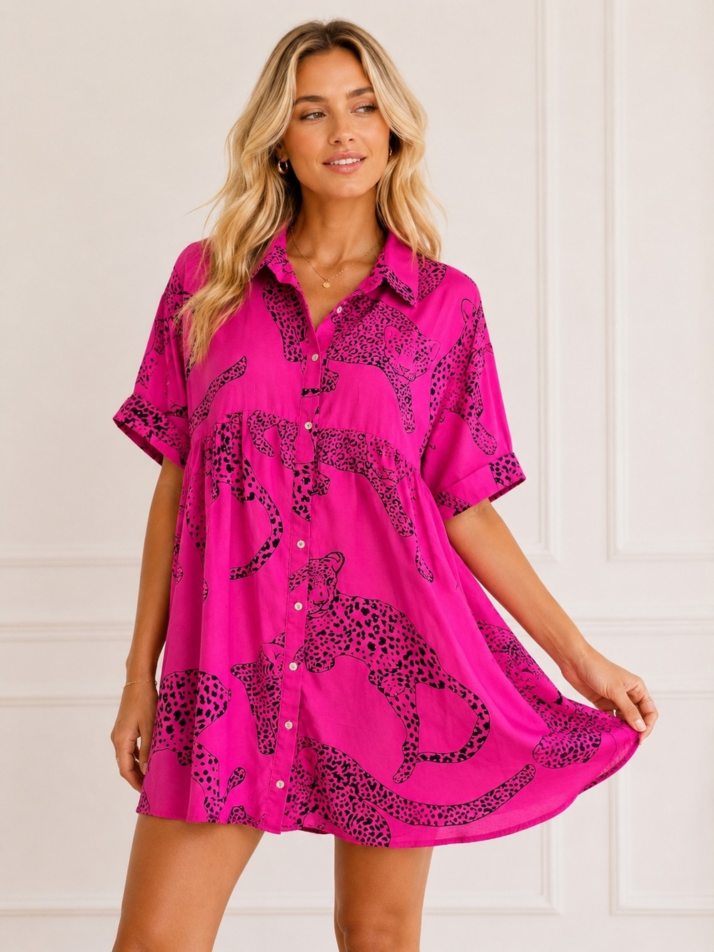 Entro Hot Pink Button-Down Leopard Print Tunic Dress Size S